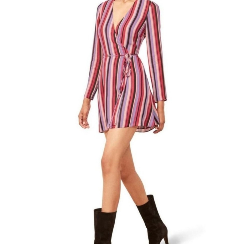 Reformation Gjelina Rainbow Purple Striped Wrap Mini Dress Luisa Stripe Size Xs